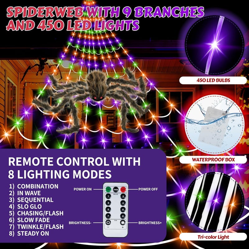 Seifar Halloween Spider Web Lights Giant Spider, 16.4Ft 450 LED Lighted Spider Web with with 8 Lighting Modes Waterproof & Timer for Indoor Outdoor House Haunted Yard Decor, Purple &Orange &Green - Image 3